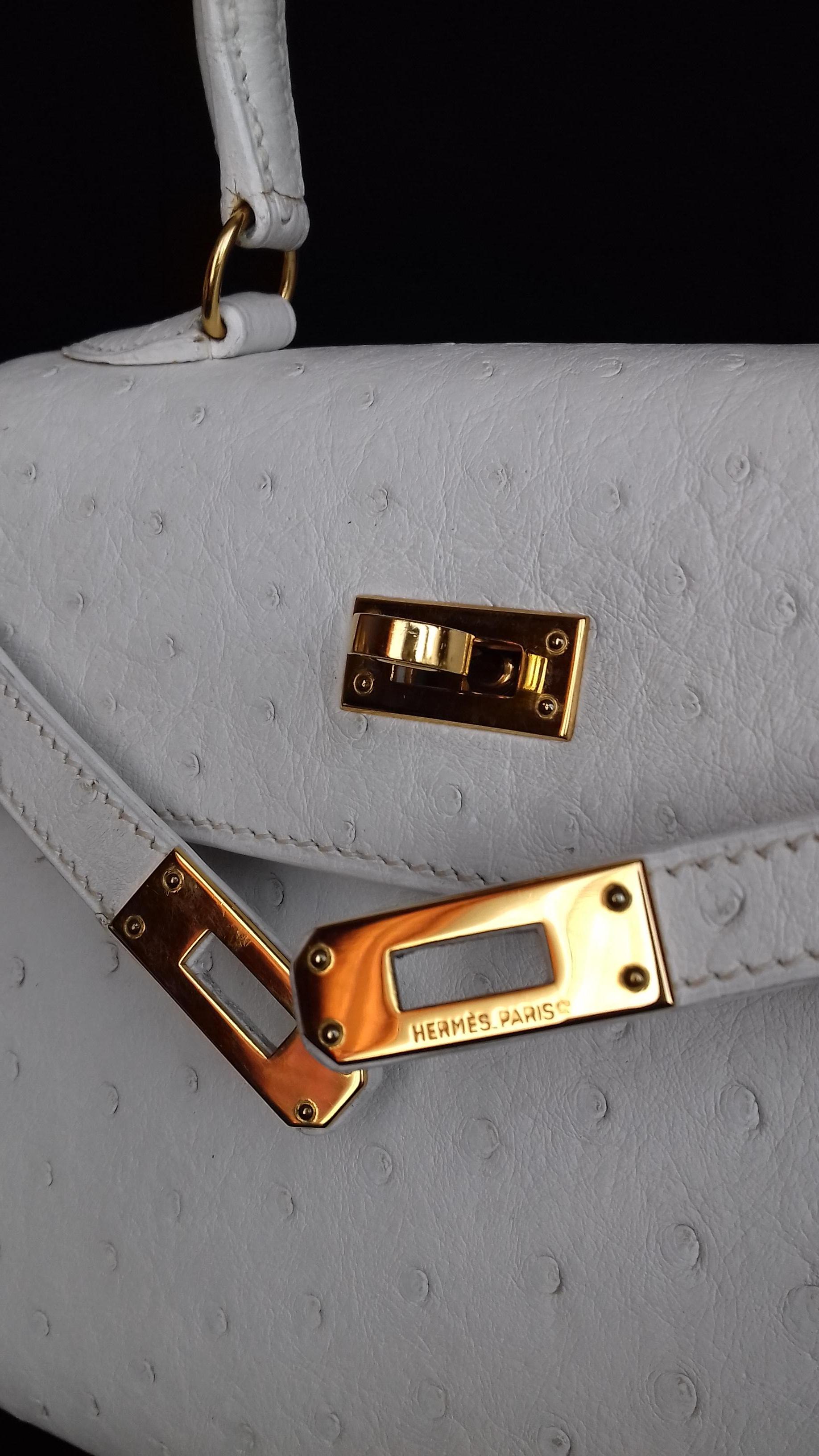 Hermès Vintage Mini Kelly Sellier White Ostrich Gold Hdw Handle & Strap 20 cm 4