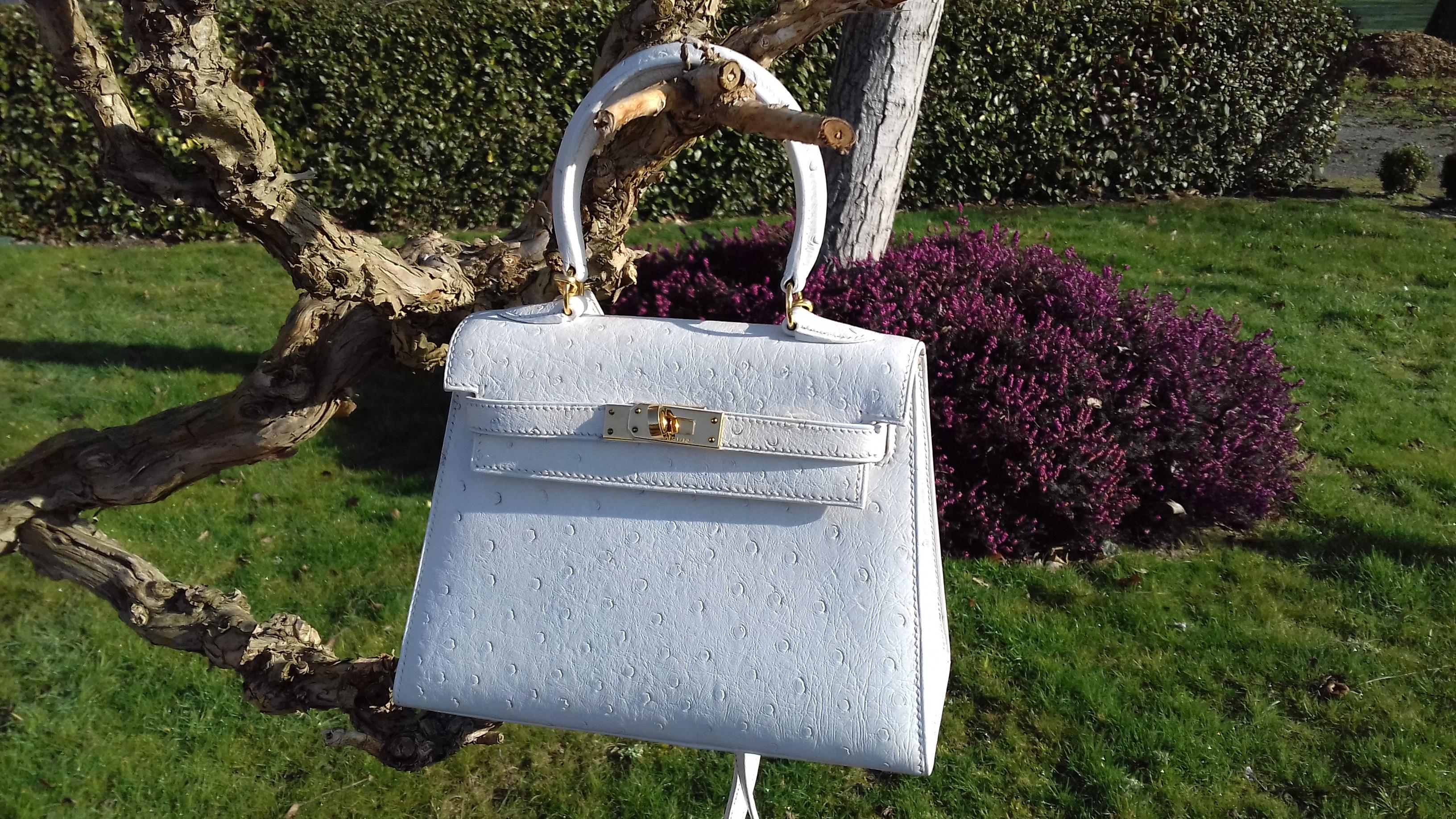 Hermès Vintage Mini Kelly Sellier White Ostrich Gold Hdw Handle & Strap 20 cm 11