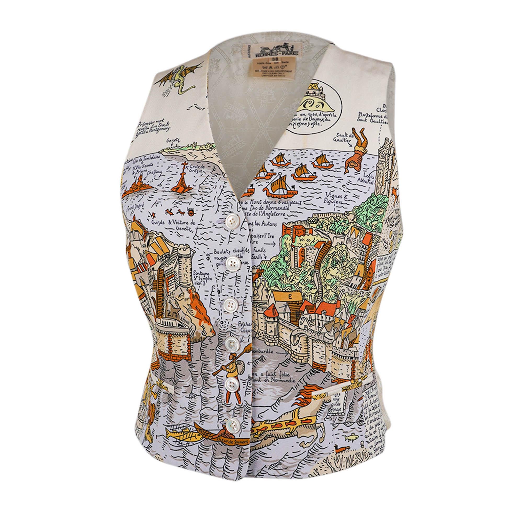 Hermes Vintage Mont Saint Michel Silk Vest 38 In Excellent Condition For Sale In Miami, FL