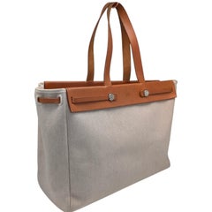 Hermes Vintage Natural Toile and Vache Calfskin Leather Herbag Cabas