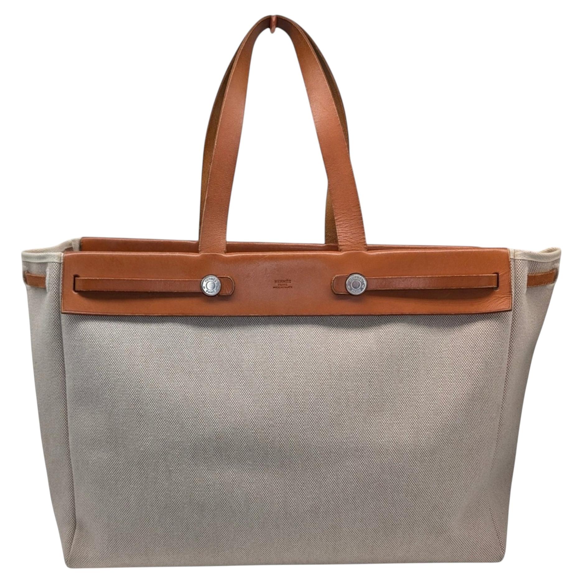 Hermes Vintage Natural Toile and Vache Calfskin Leather Herbag Cabas