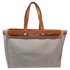 Hermes Vintage Natural Toile and Vache Calfskin Leather Herbag Cabas
