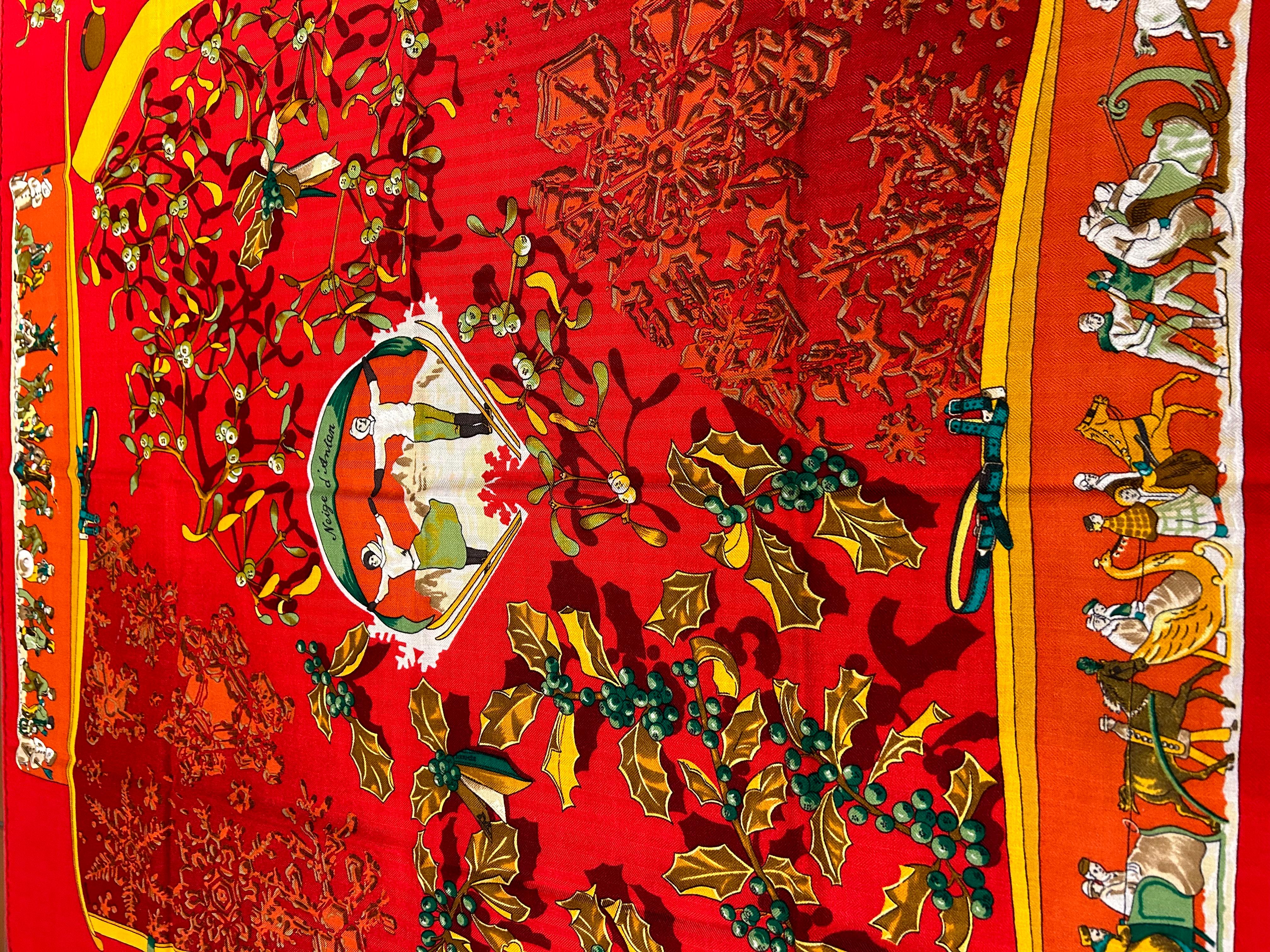 Hermes Vintage Neige d’Antan Cashmere Silk Scarf in red In Excellent Condition For Sale In Philadelphia, PA