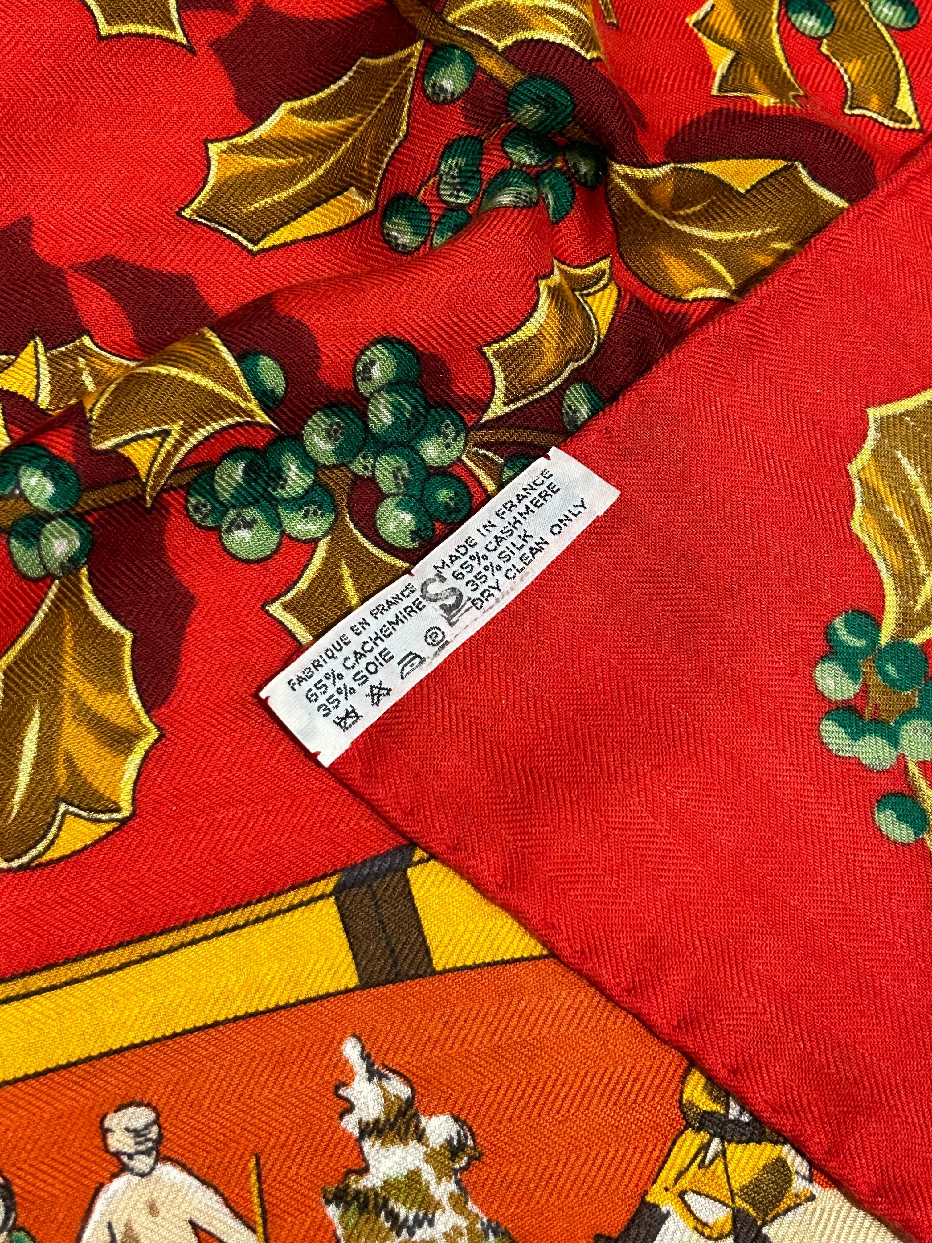 Hermes Vintage Neige d’Antan Cashmere Silk Scarf in red For Sale 1