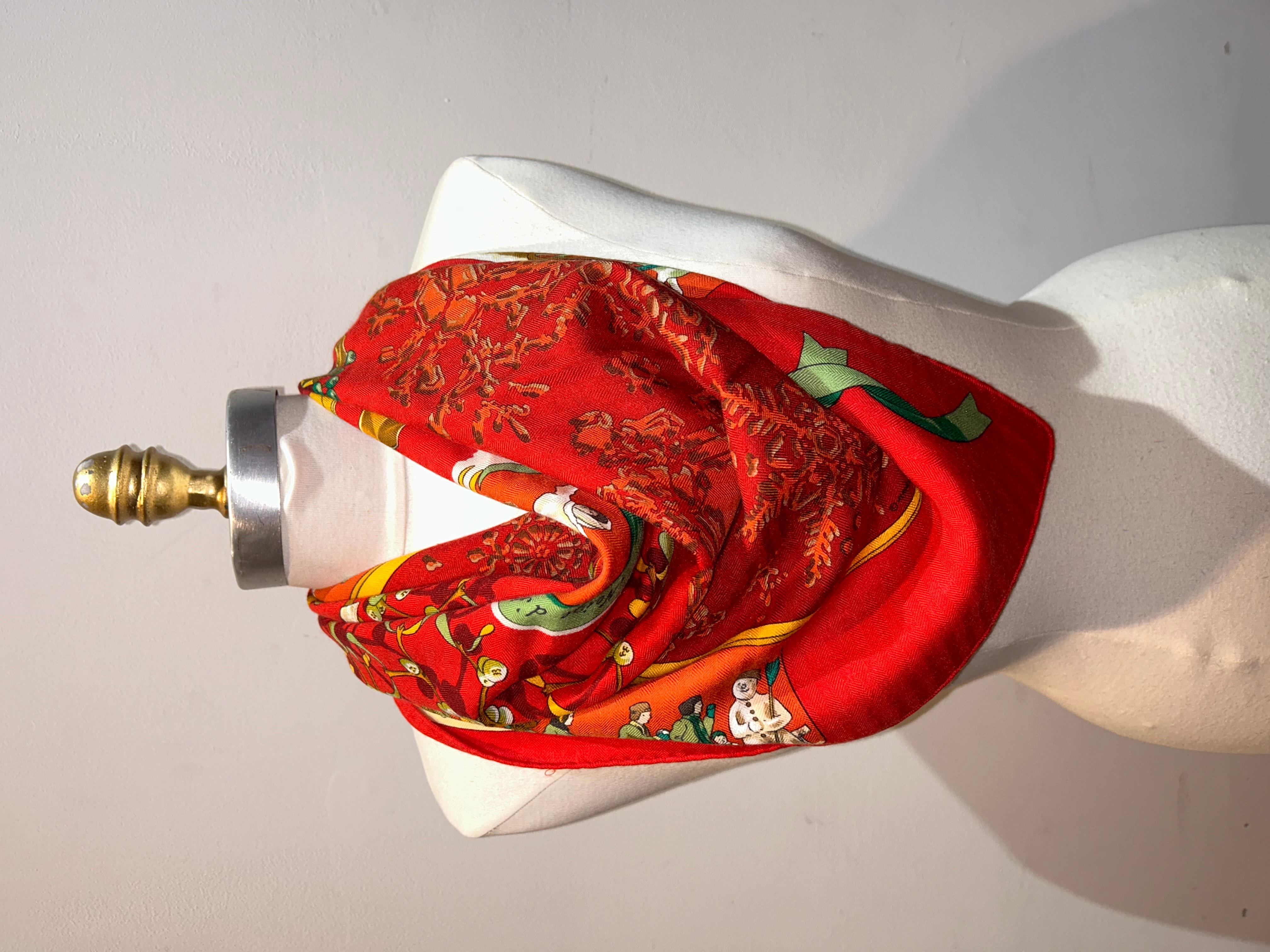 Hermes Vintage Neige d’Antan Cashmere Silk Scarf in red For Sale 2