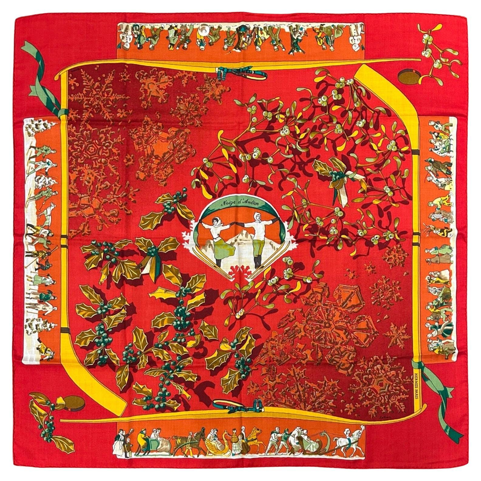Hermes Vintage Neige d’Antan Cashmere Silk Scarf in red For Sale