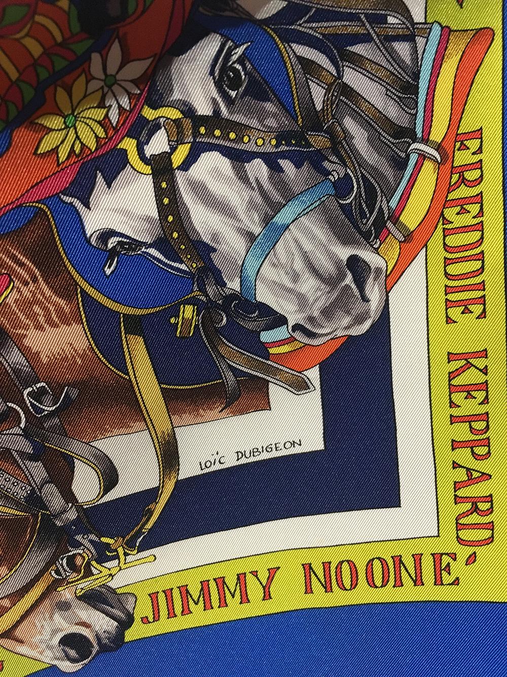 Hermes Vintage New Orleans Creole Jazz Silk Scarf in Blue c1990s in excellent condition. original silk screen design c1996 by Loic Dubigeon features an artistic illustration of the jazz scene in New Orleans Louisiana. Center clarinet, trumpet, drum,