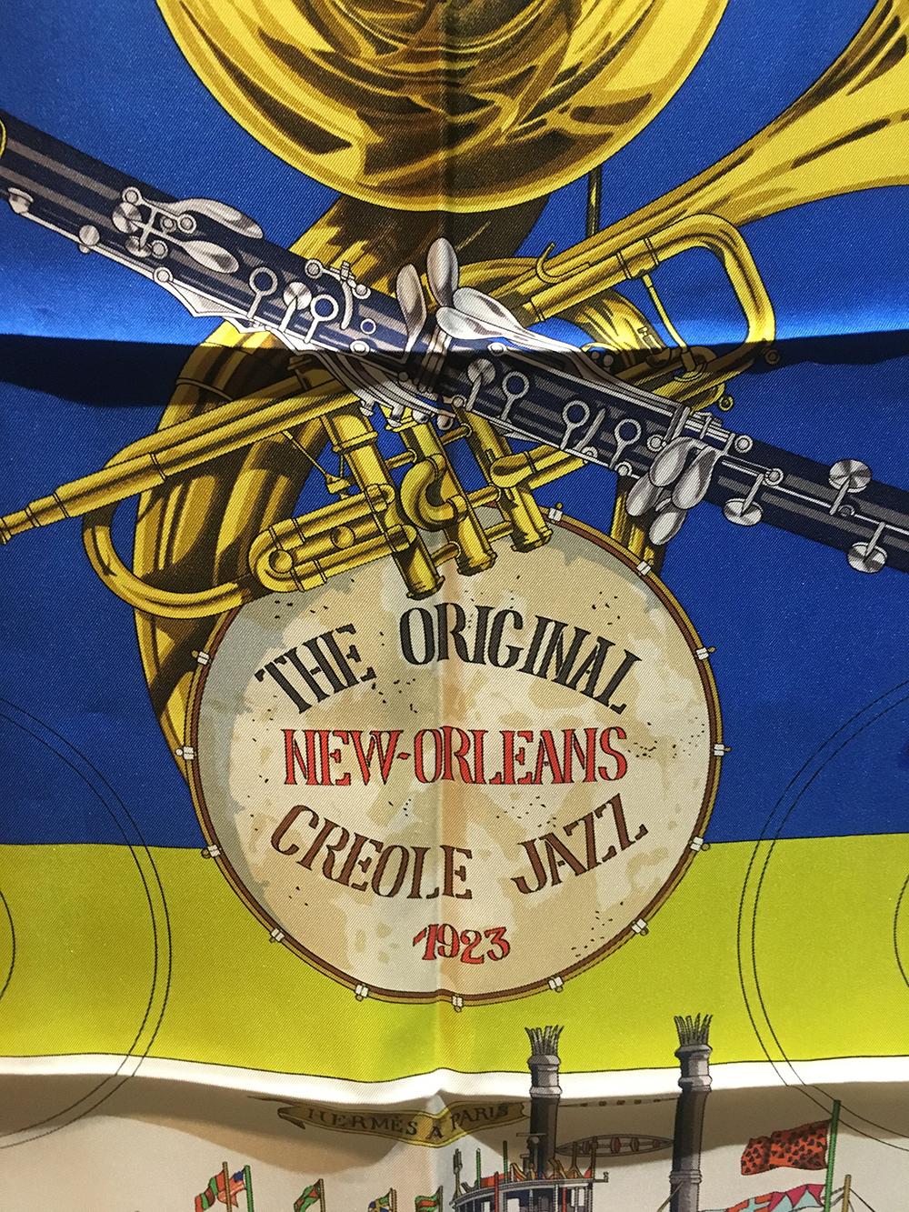 Hermes Vintage New Orleans Creole Jazz Silk Scarf in Blue c1990s In Excellent Condition In Philadelphia, PA