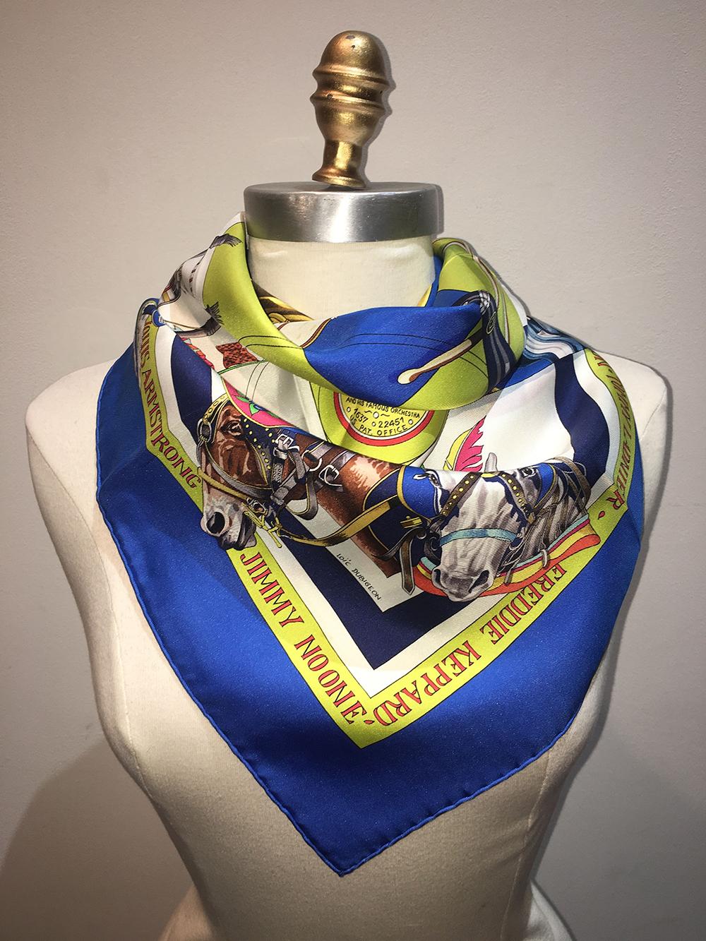 Hermes Vintage New Orleans Creole Jazz Silk Scarf in Blue c1990s 1