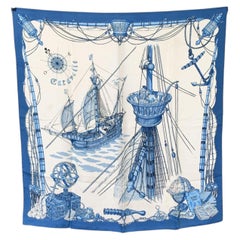 Hermes Vintage Ocean Blue Silk Caravelle 1965 Ledoux Scarf