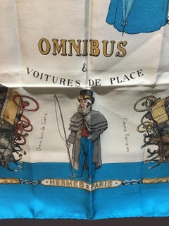 Hermes Vintage Omnibus Et Voitures De Place Silk Scarf in Blue c1960s