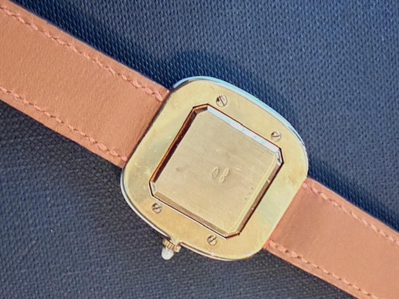 Art Deco Hermès Vintage One-of-a-Kind Gold, Mahogany, Bone watch on orange leather strap For Sale