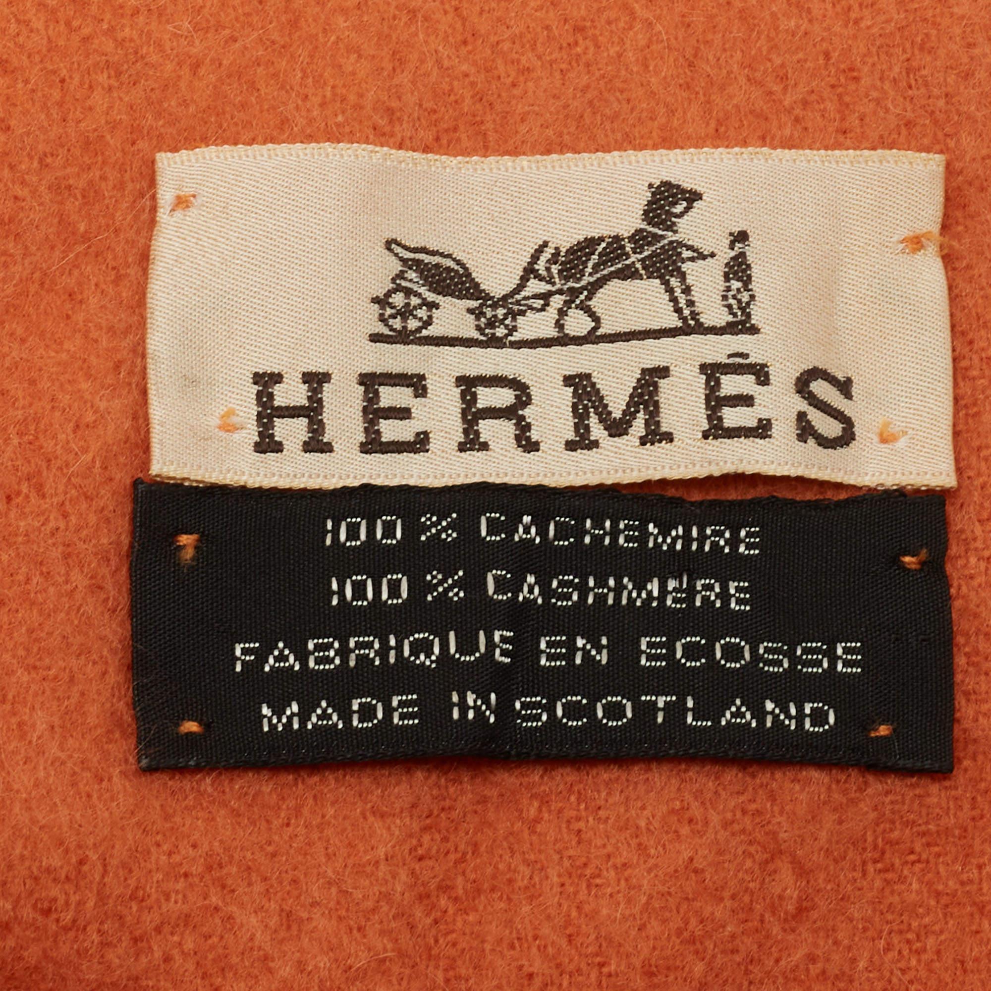 Hermes Vintage Orange Cashmere Wool Fringe Stole 1
