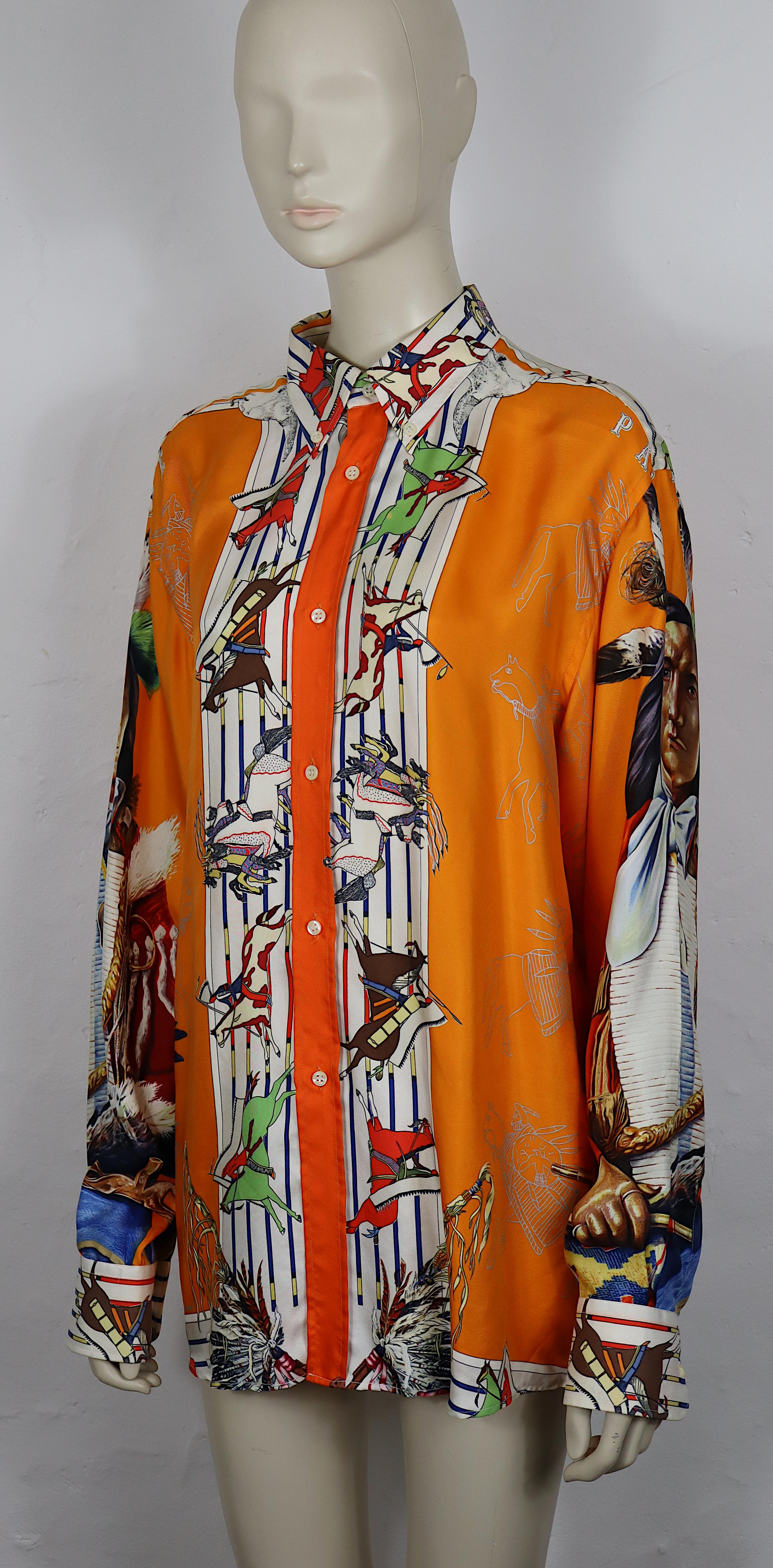 HERMES Vintage Pani Lashar Pawnee Silk Shirt by Kermit Oliver In Good Condition For Sale In Nice, FR