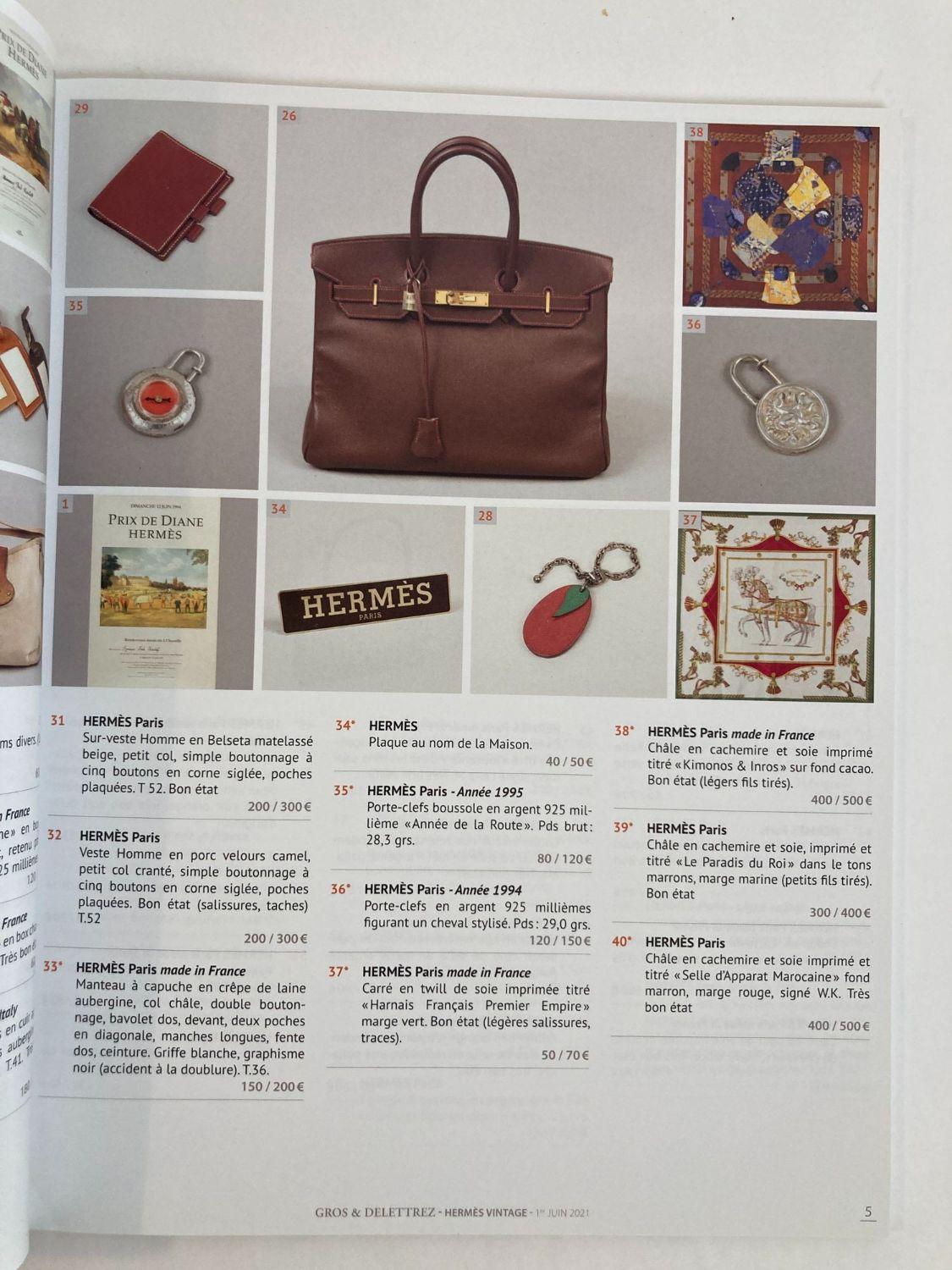 Papier Catalogue des ventes aux enchères vintage d'Hermès Paris 2021 publié par Gros & Delettrez en vente