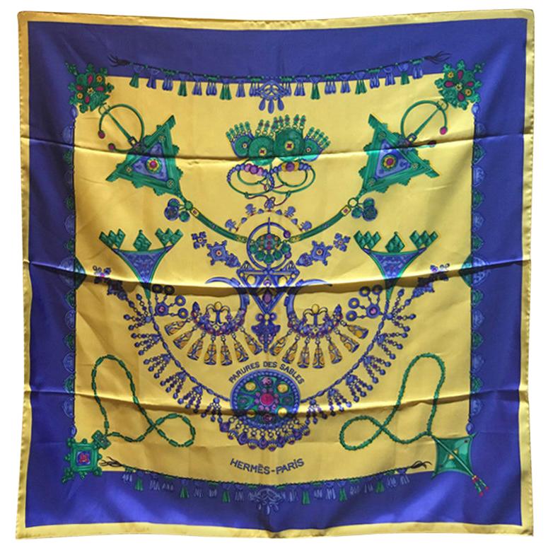 Hermes Vintage Parures des Sables Silk Scarf in Blue and Yellow