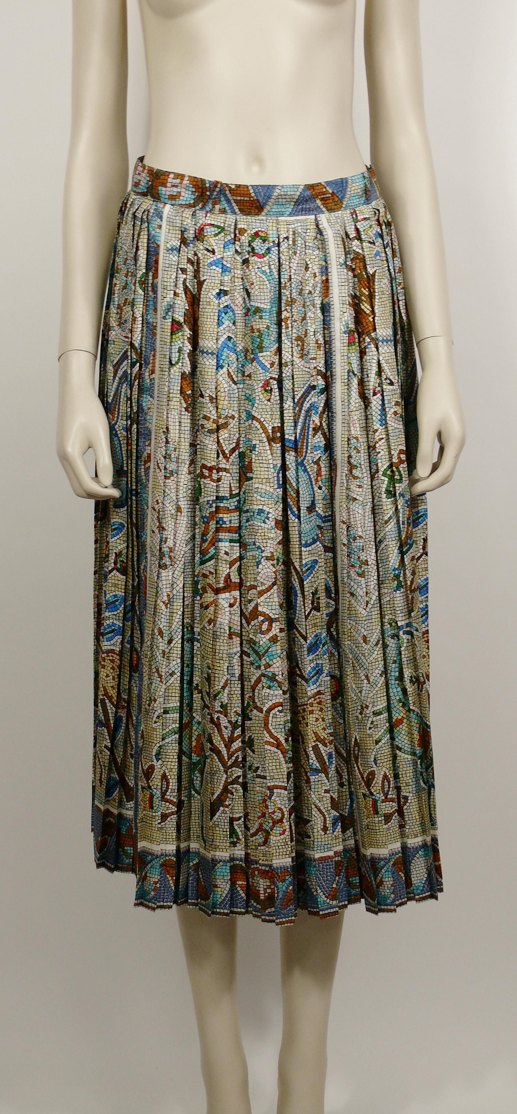 Gray Hermes Vintage Pavement Print Pleated Silk Skirt
