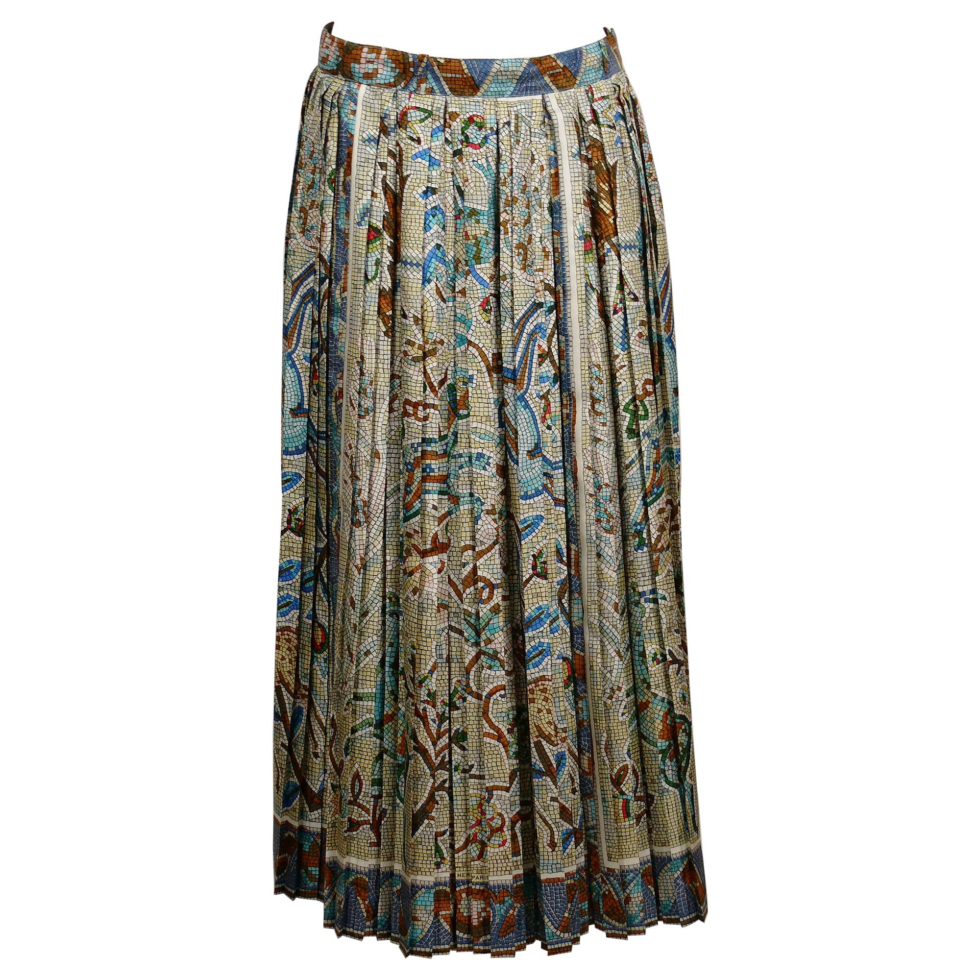 Hermes Vintage Pavement Print Pleated Silk Skirt