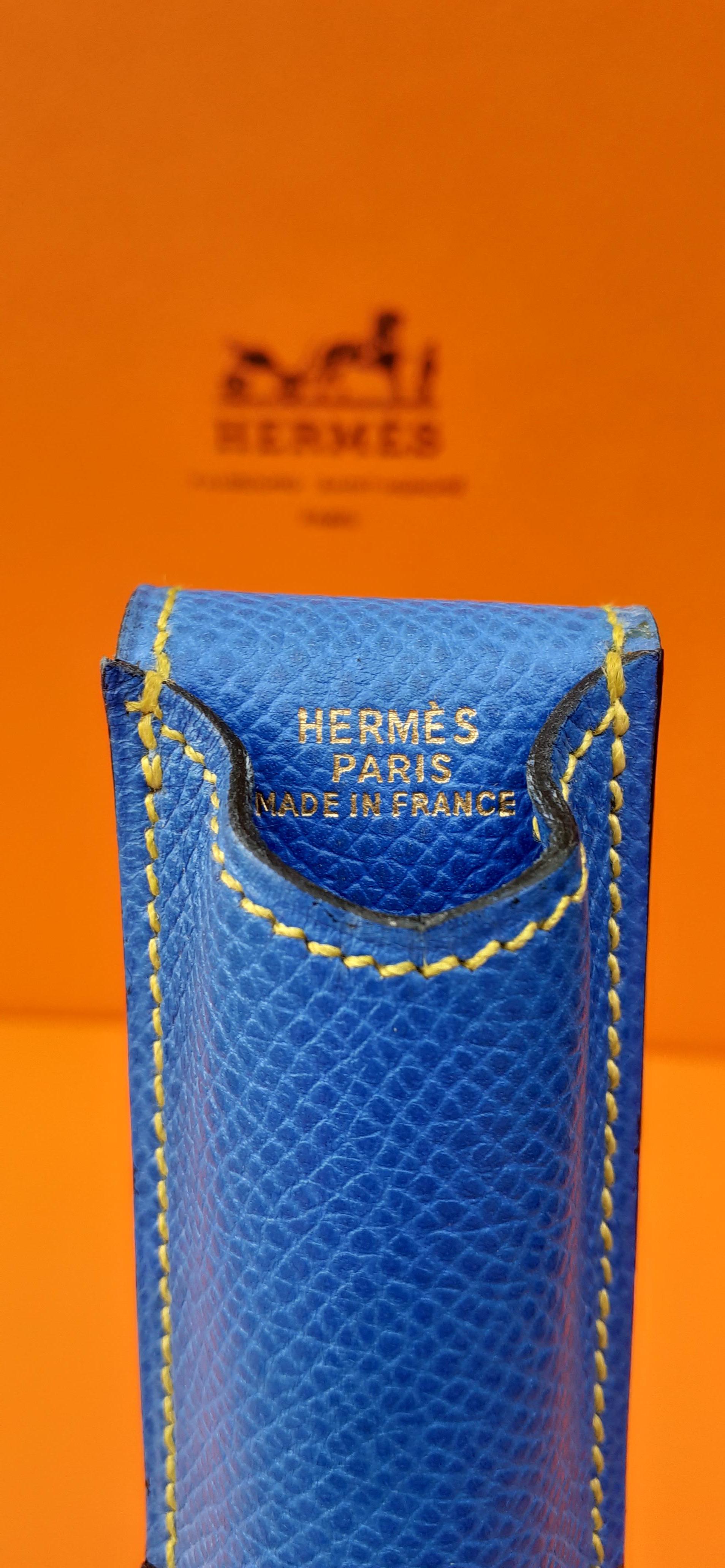 Hermès Vintage Pencil Pen Case Courchevel Leather Blue Yellow RARE 5