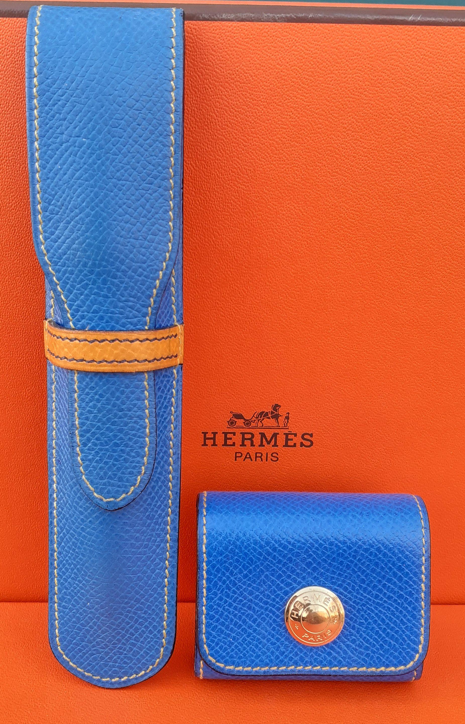 Hermès Vintage Pencil Pen Case Courchevel Leather Blue Yellow RARE 