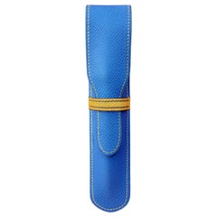 Hermès Vintage Pencil Pen Case Courchevel Leather Blue Yellow RARE
