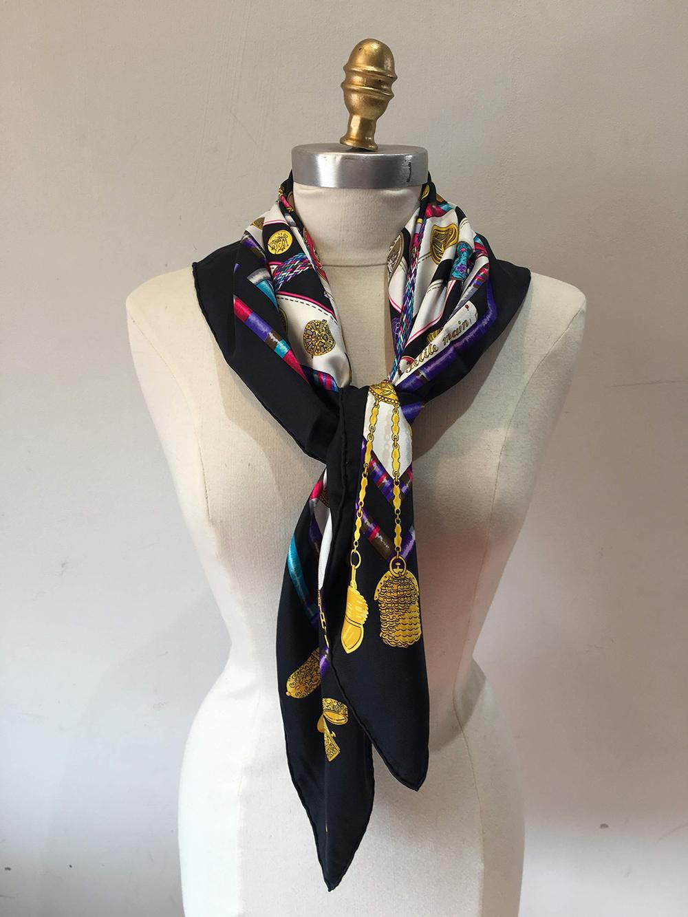 Hermes Vintage Petite Main Silk Scarf in Black and White circa 1987 In Excellent Condition In Philadelphia, PA