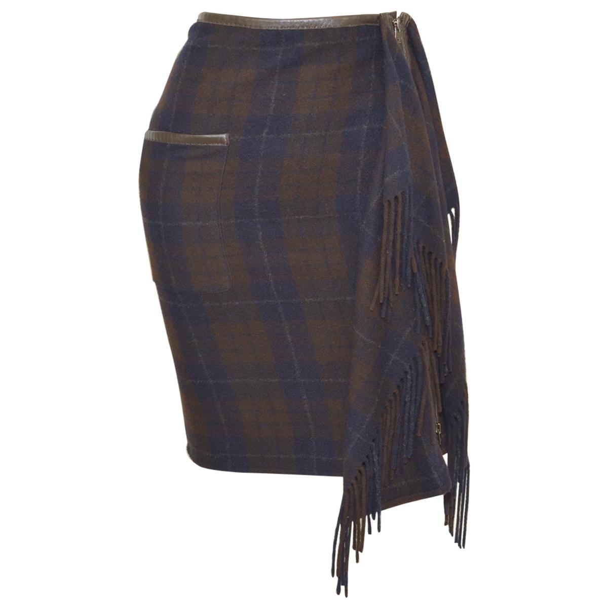 Hermès Vintage Plaid Cashmere Fringe Skirt