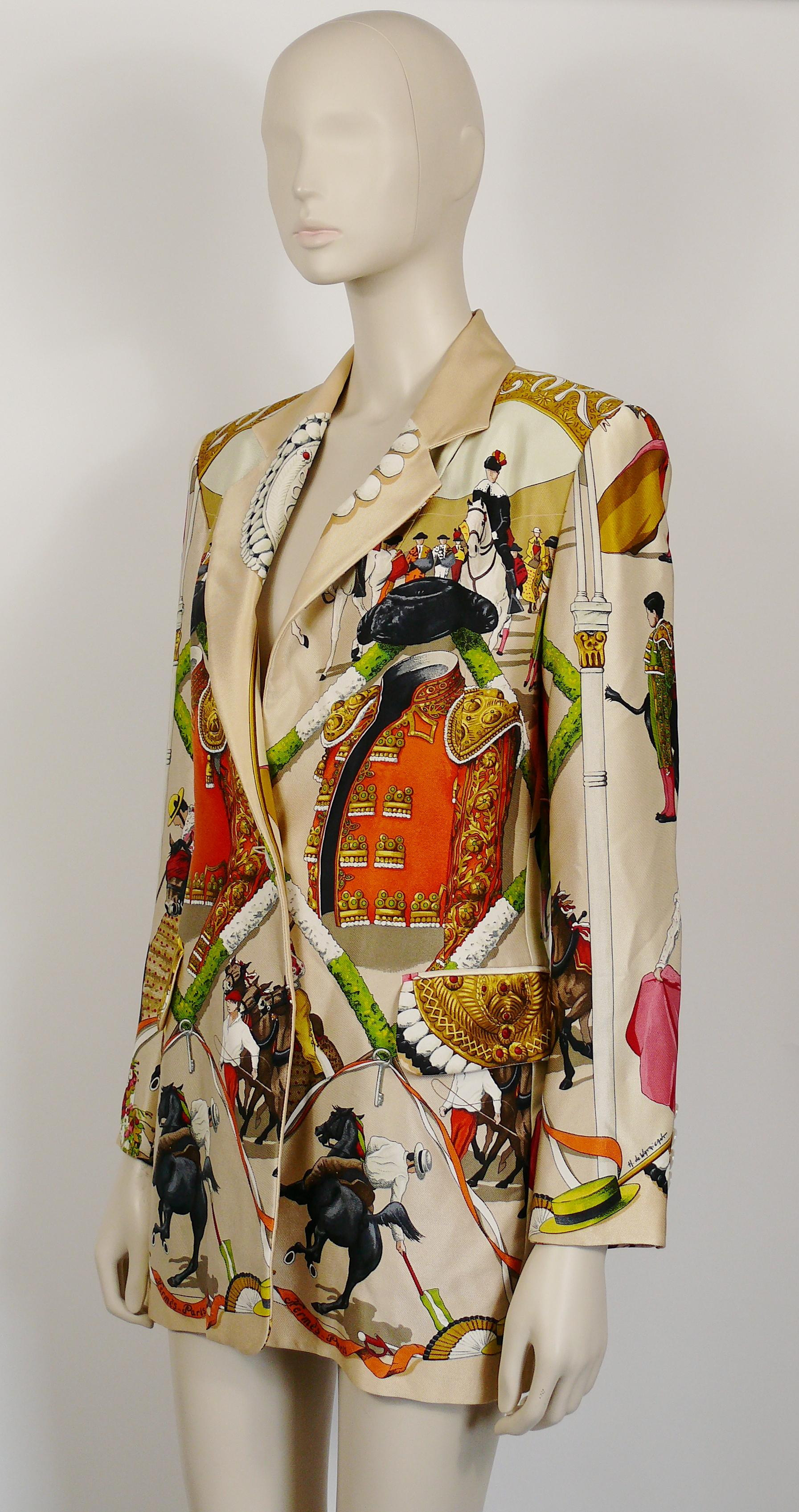 Beige Hermes Vintage Plaza De Toros Bullfighting Silk Blazer