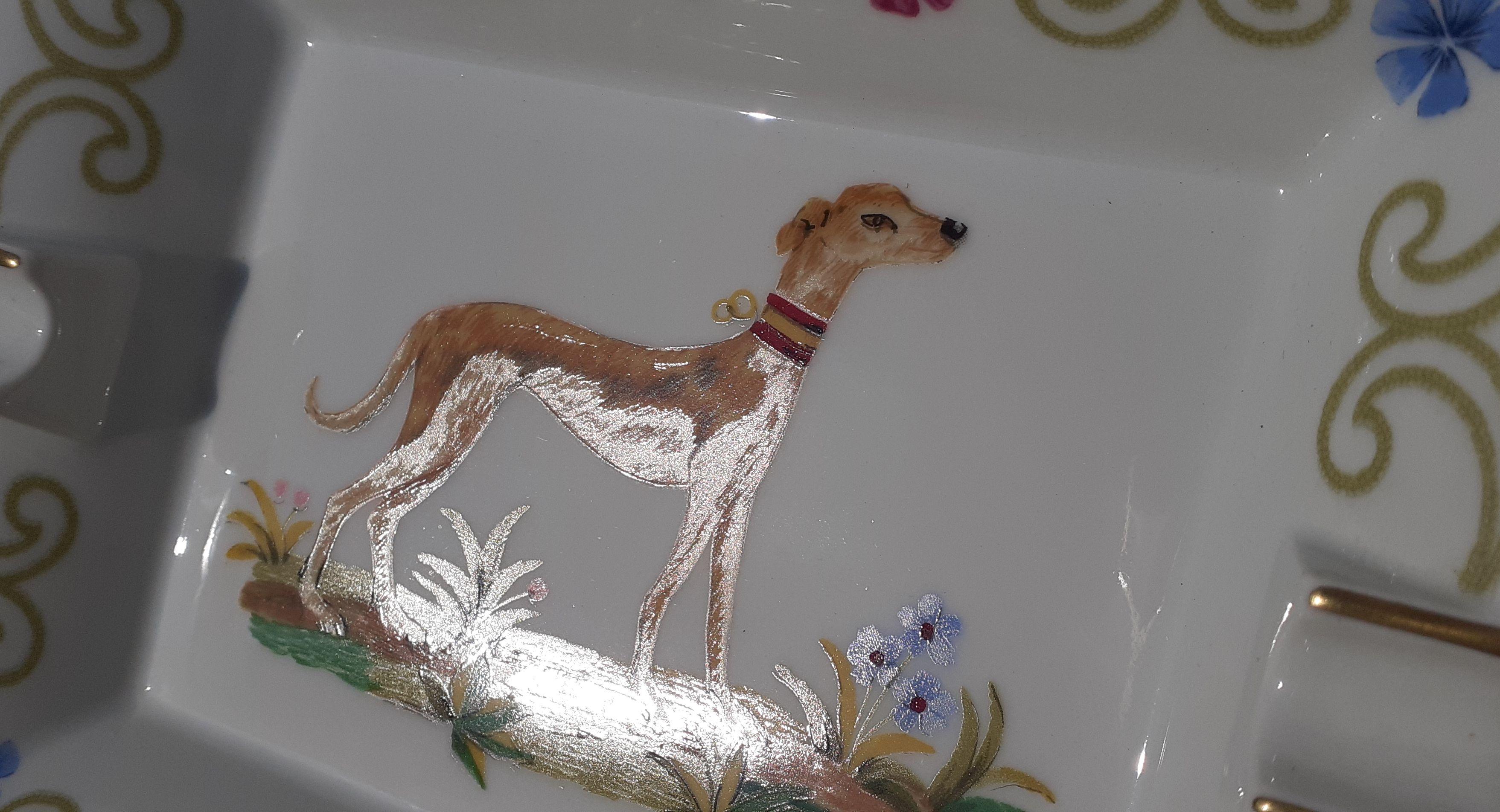 Gray Hermès Vintage Porcelain Ashtray Change Tray Greyhound Dog Porcelain RARE