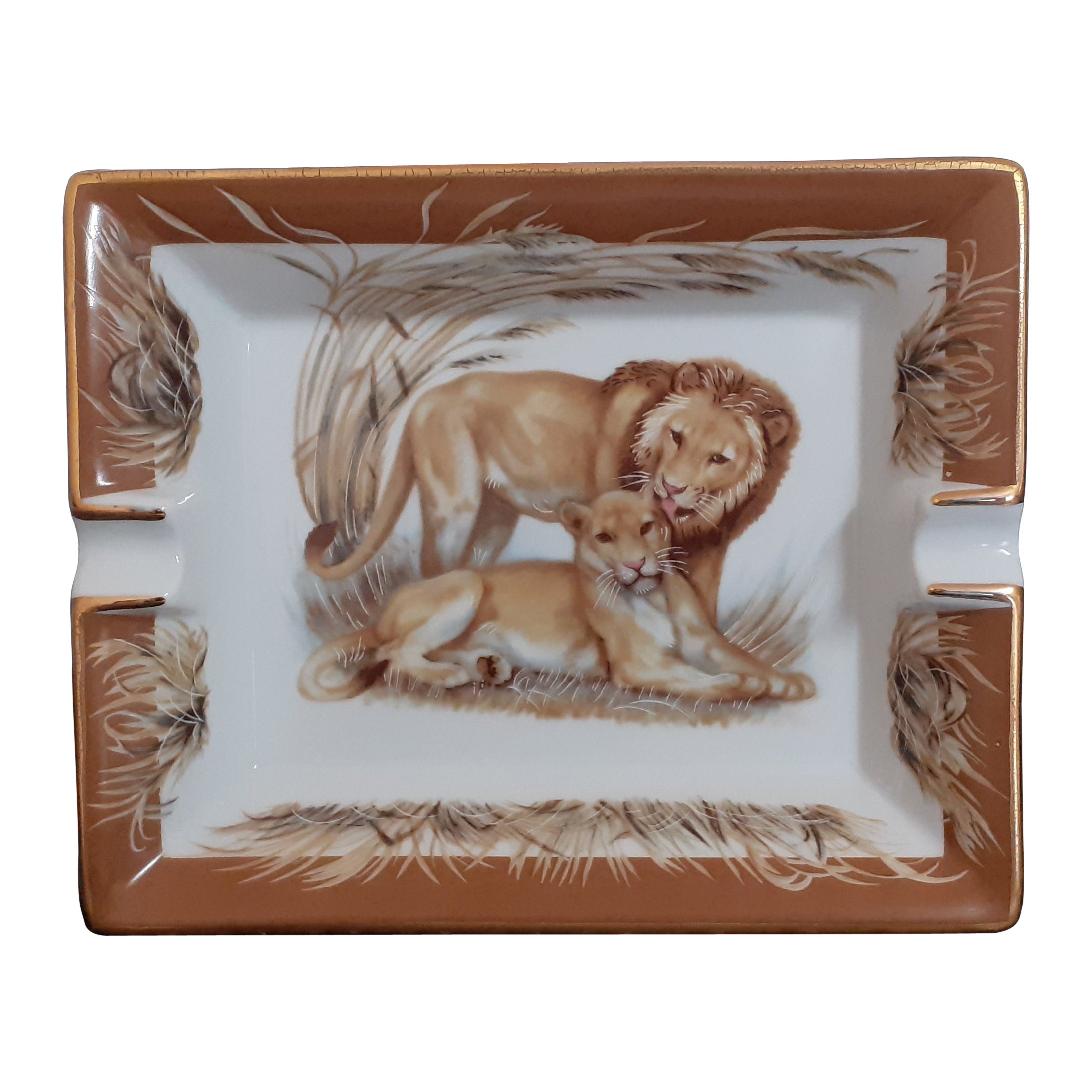Hermès Vintage Porcelain Cigar Ashtray Change Tray Lion and Lioness Pattern