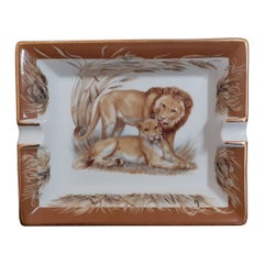 Hermès Vintage Porcelain Cigar Ashtray Change Tray Lion and Lioness Pattern