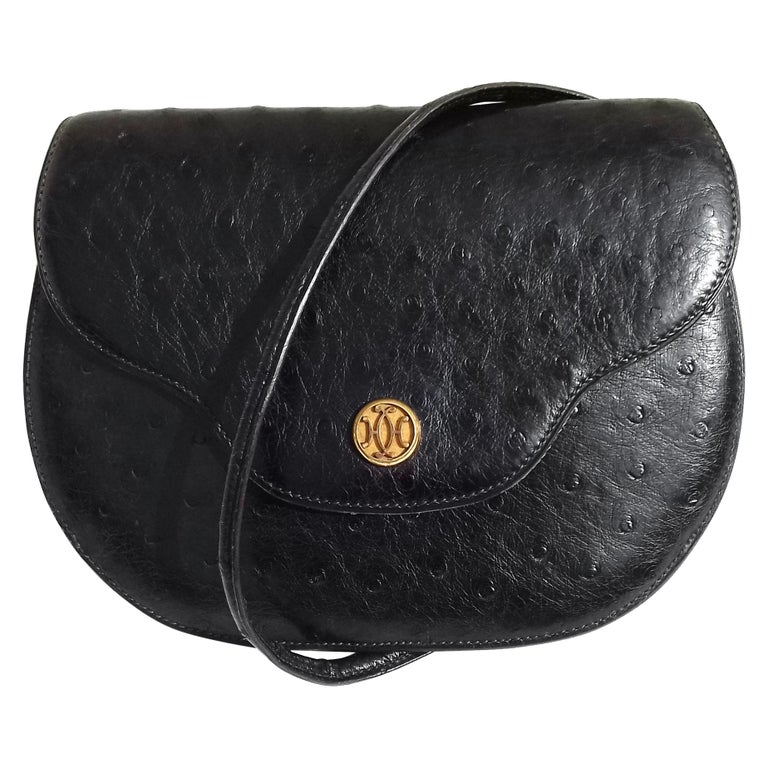 Hermès Vintage Pola Purse Clutch Evening Bag 2 ways Black Ostrich Golden Hdw For Sale