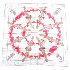Hermes Vintage "Qui Roule" 90 cm White & Pink Carriages Print Scarf