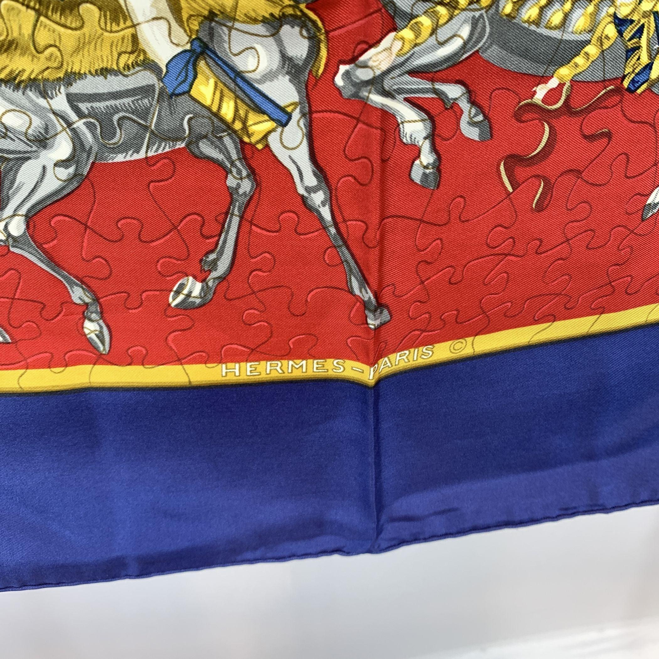 Brown Hermes Vintage Red and Blue Silk Puzzle Scarf 1990 Joachim Metz For Sale