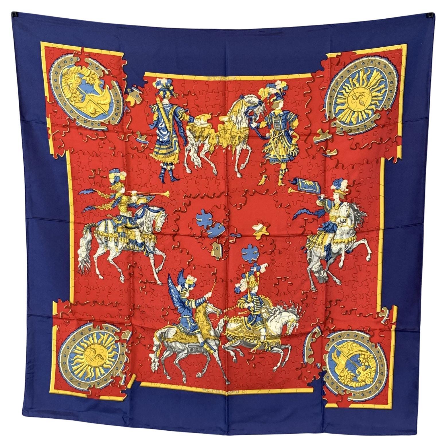 Hermes Vintage Red and Blue Silk Puzzle Scarf 1990 Joachim Metz For Sale