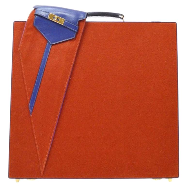 Hermes Vintage Red Blue Canvas Gold Men's Women's Travel Trunk Briefcase Bag