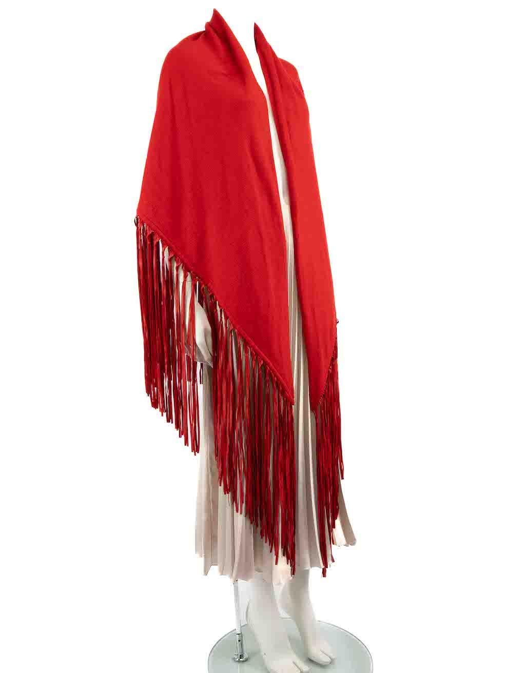 CONDITION is Very good. Hardly any visible wear to the shawl is evident on this used Hermès designer resale item.
 
 Details
 Vintage
 Red
 Cashmere
 Shawl
 Leather fringe trim
 
 
 Made in France
 
 Composition:
 70% Cashmere, 30% Wool
 
 
 Size &