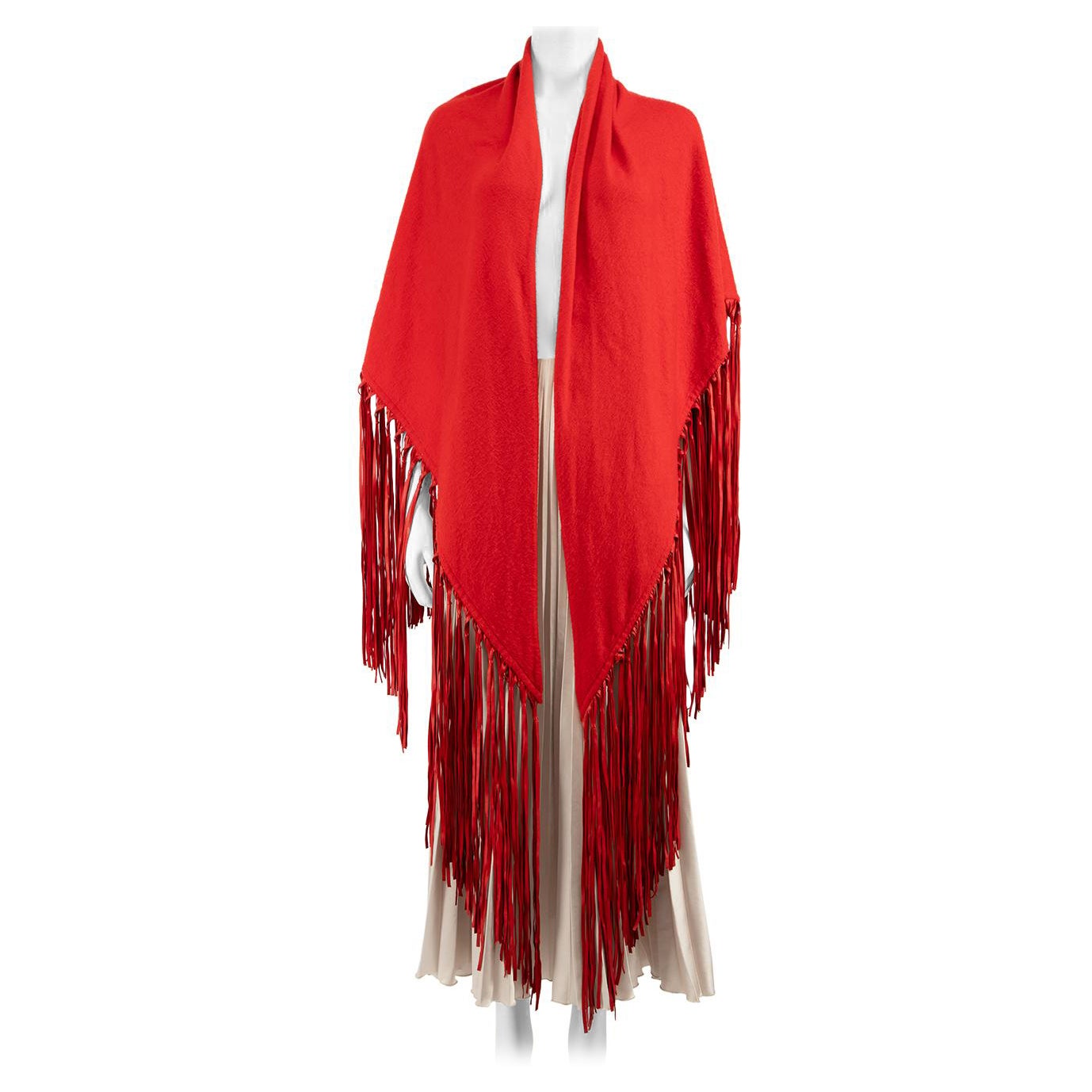 Hermès Vintage Red Cashmere Leather Fringe Shawl