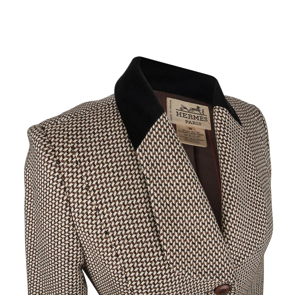 Hermes Vintage Riding Jacket / Blazer Check Leather Buttons Velvet Collar 36 / 4 For Sale 2