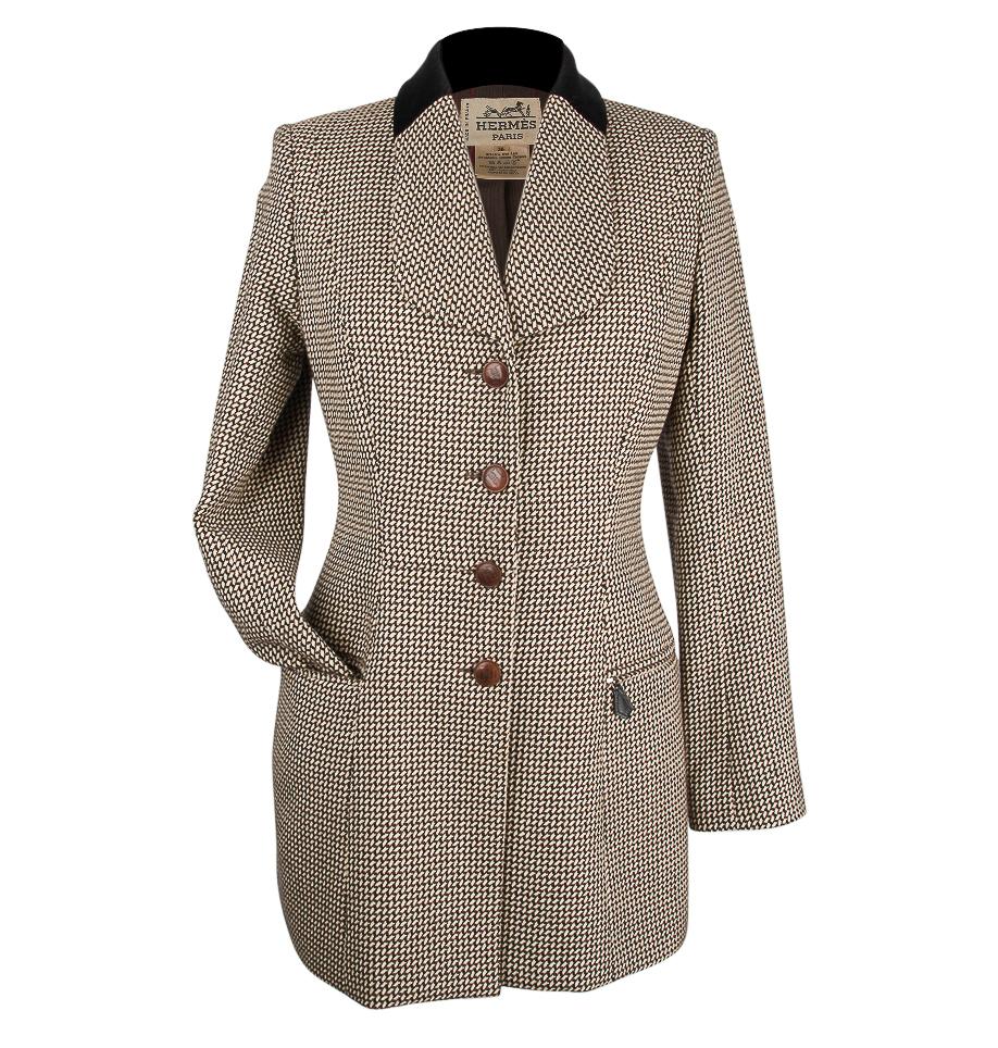 Women's Hermes Vintage Riding Jacket / Blazer Check Leather Buttons Velvet Collar 36 / 4 For Sale