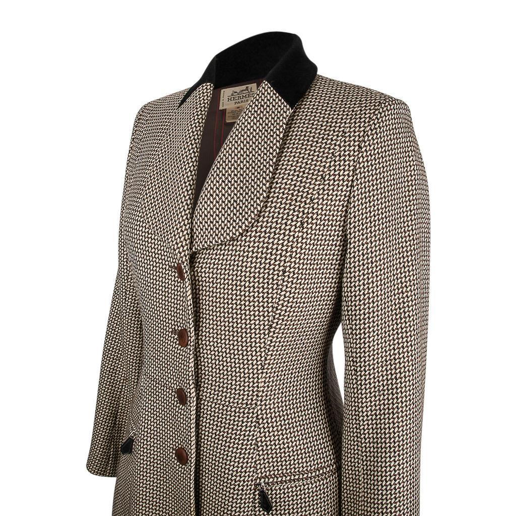 Hermes Vintage Riding Jacket / Blazer Check Leather Buttons Velvet Collar 36 / 4 For Sale 1