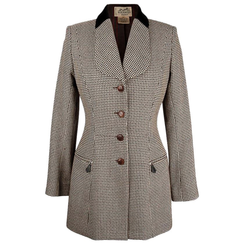Hermes Vintage Chaqueta de montar / Blazer Cuero a cuadros Botones Cuello de terciopelo 36 / 4 en venta