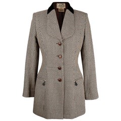 Hermes Vintage Reitjacke / Blazer Karo Leder Knöpfe Samtkragen 36 / 4