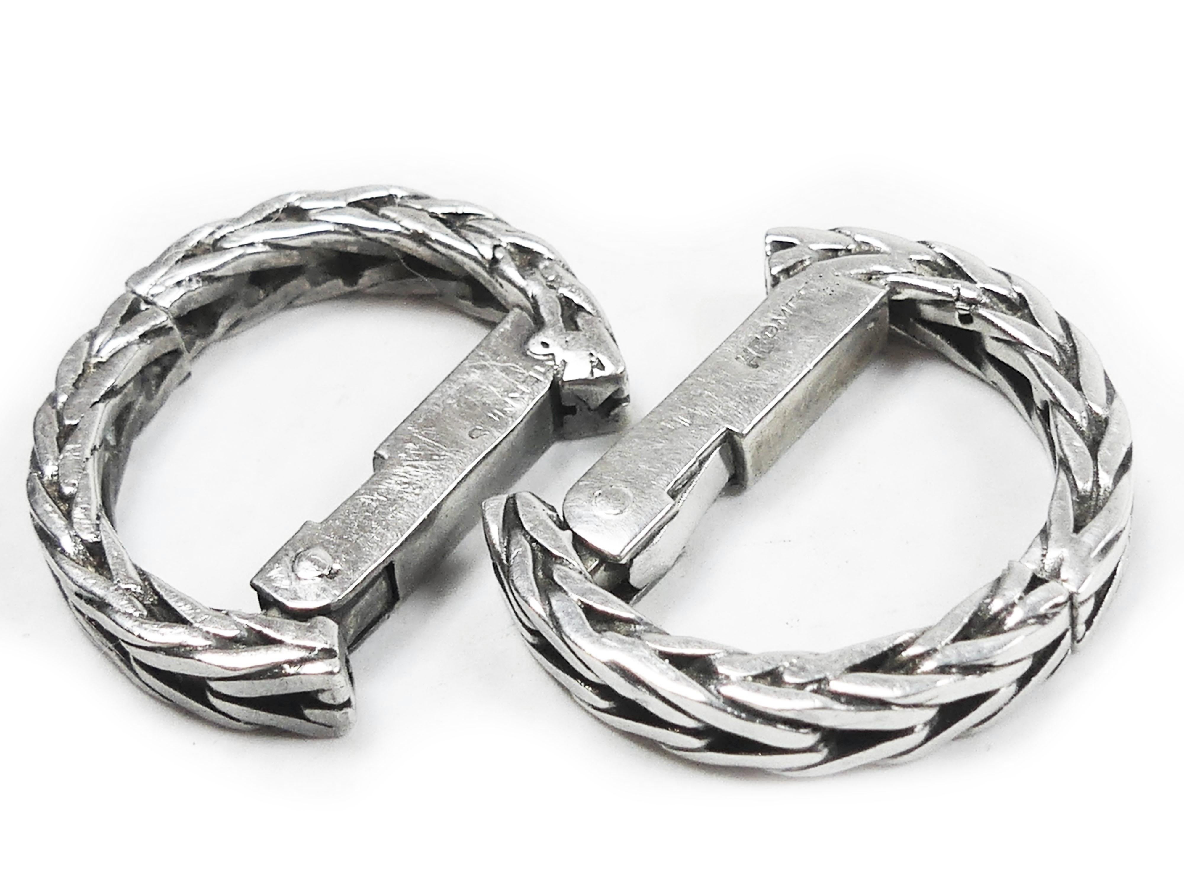 Contemporary Hermes Vintage Rope Twisted Hoop Style Silver Hinged 0.15 Inch Rare Cufflinks For Sale