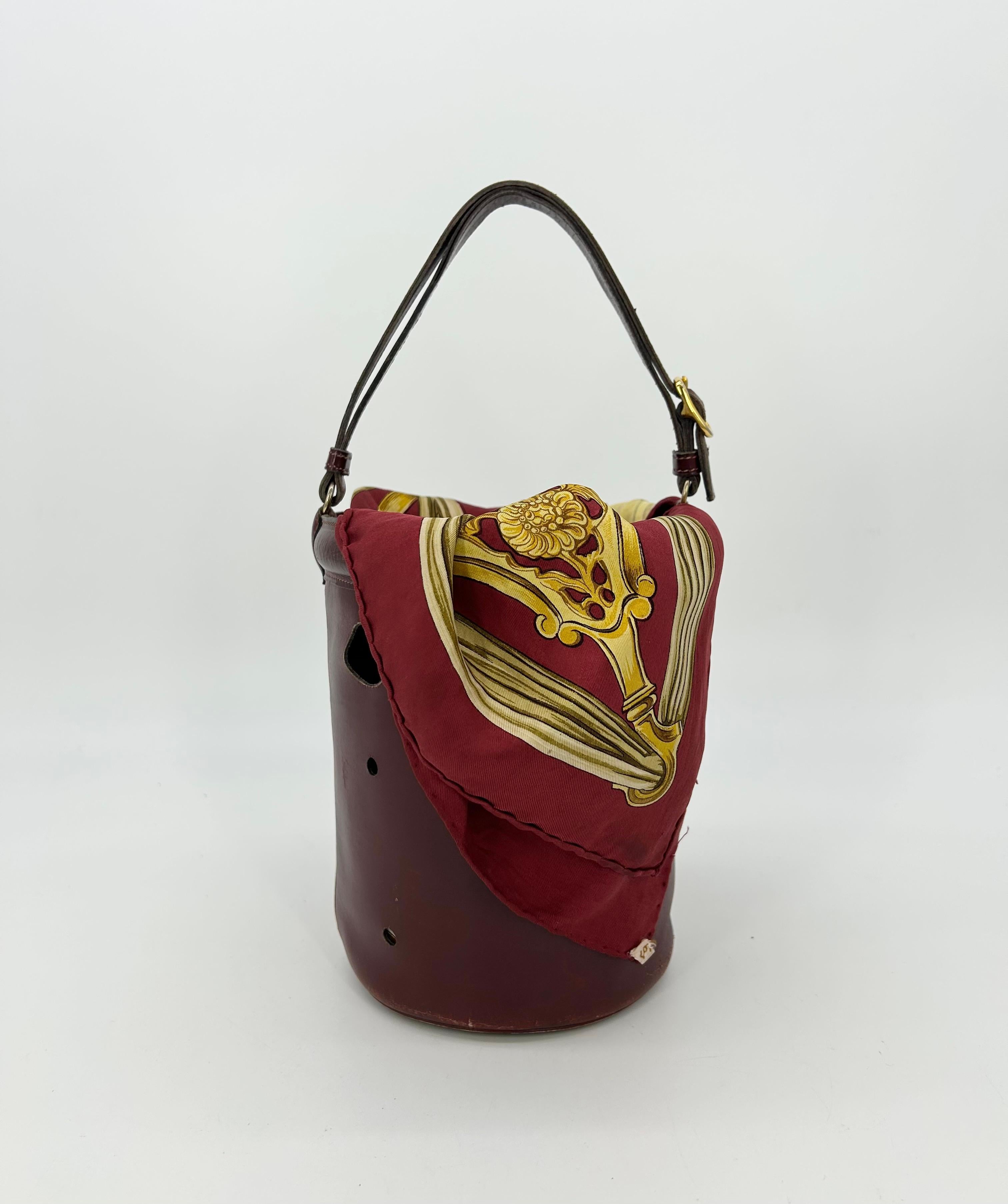 Black Hermes Vintage Rouge Box Calf Leather Mangeoire Bucket Bag with Scarf For Sale