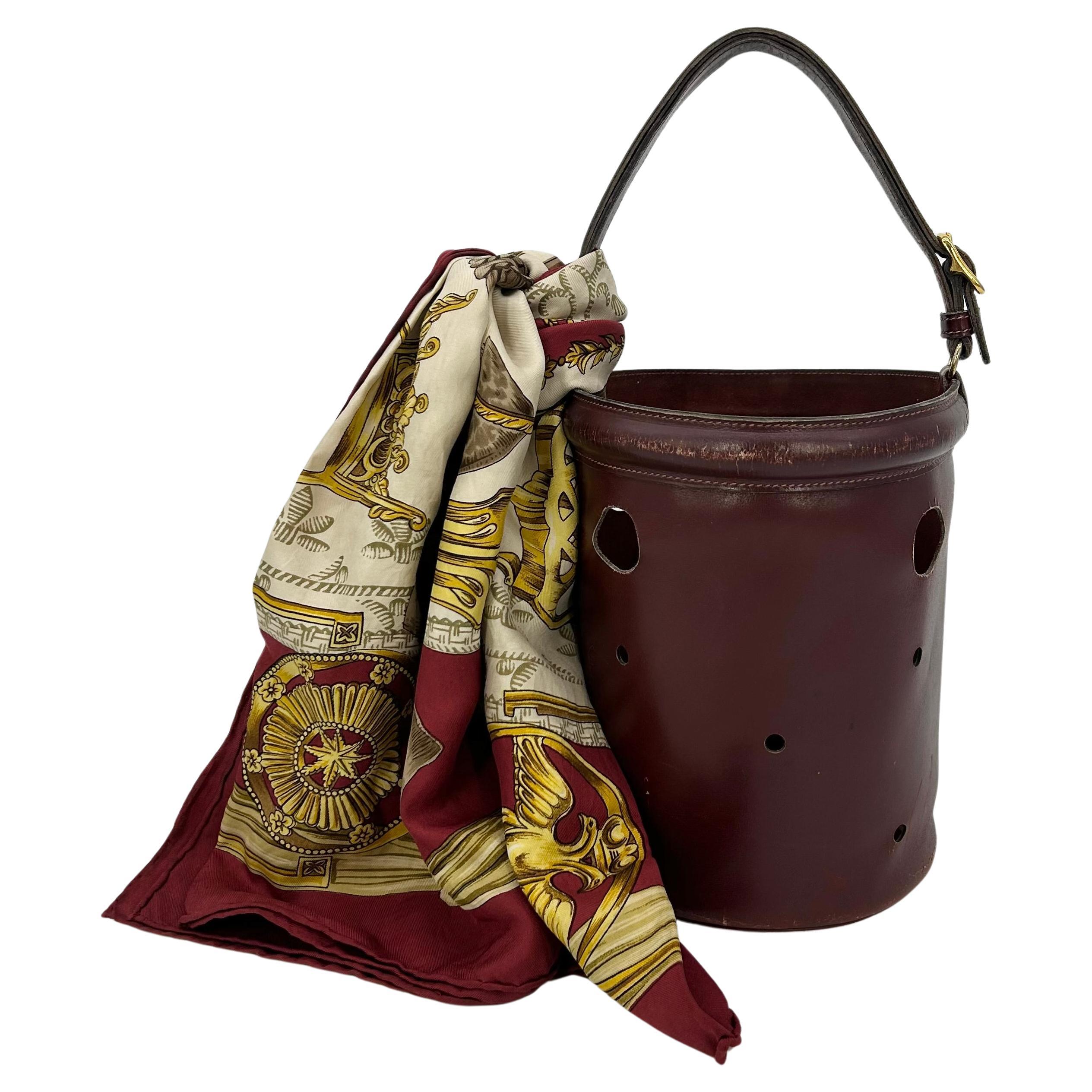 Hermes Vintage Rouge Box Calf Leather Mangeoire Bucket Bag with Scarf For Sale