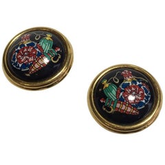 HERMES Vintage Round Clip-on earrings in Gold Plated and Black Enamel