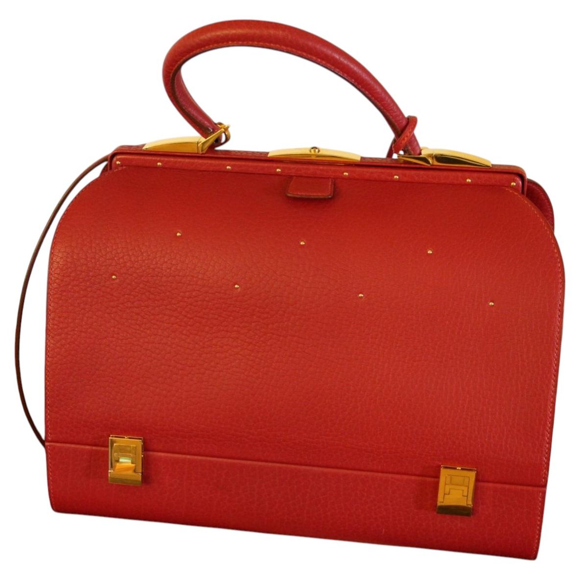 Hermès Vintage Sac Mallette Red Leather Doctor Bag with Gold Plated Accents For Sale
