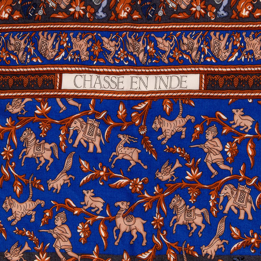 Hermès - Écharpe/châle vintage 140 Chasse en Inde en cachemire et soie bleu 5