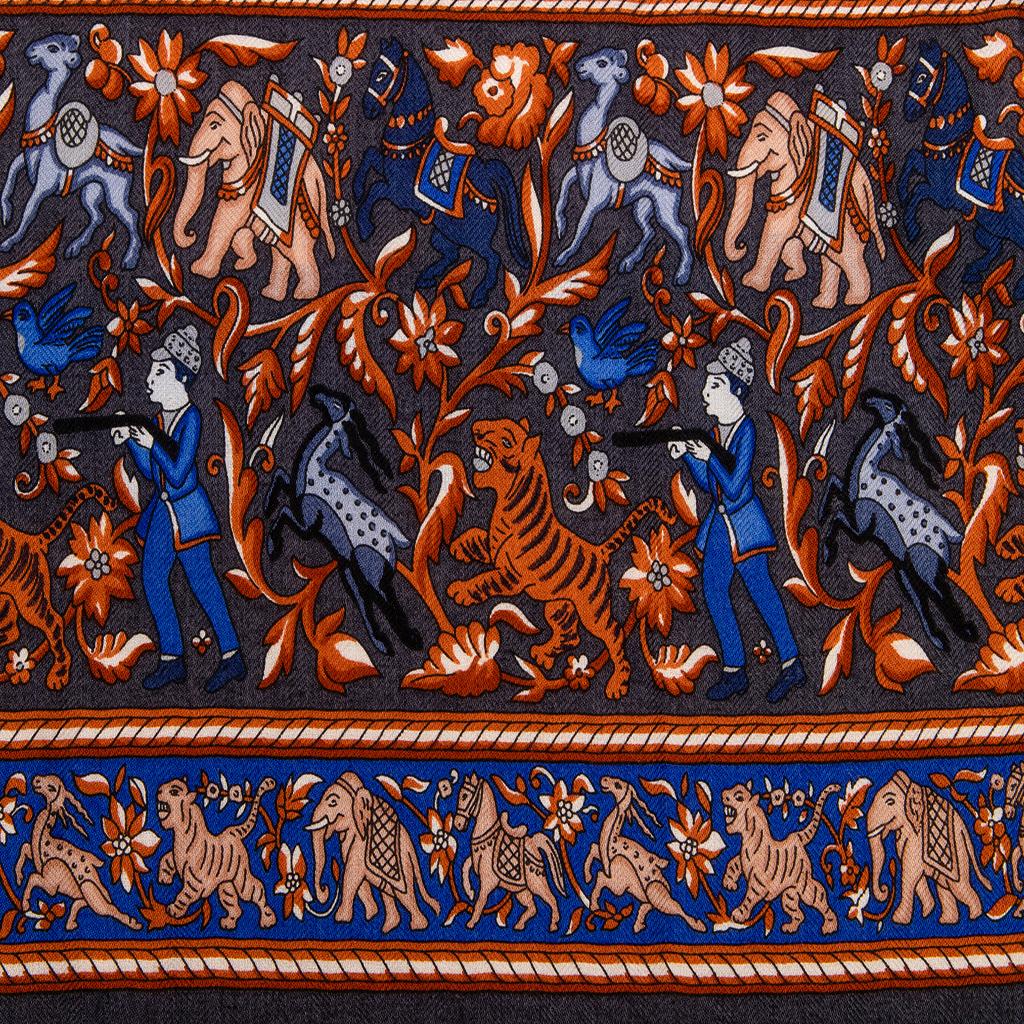 Women's Hermes Vintage Scarf / Shawl 140 Chasse en Inde Blue Cashmere and Silk